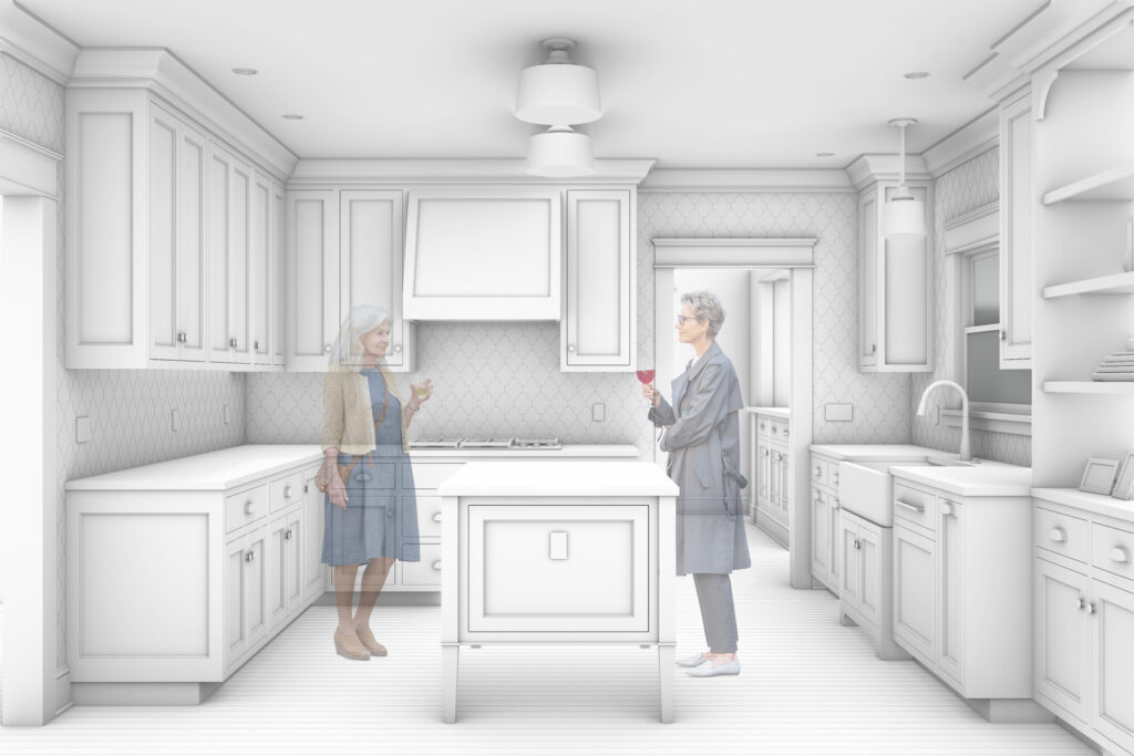 Rendering of a Craftsman kitchen renovation with a central island, built-in stove hood, patterned tile backsplash wrapping the walls, and continuous cabinetry framing the space.