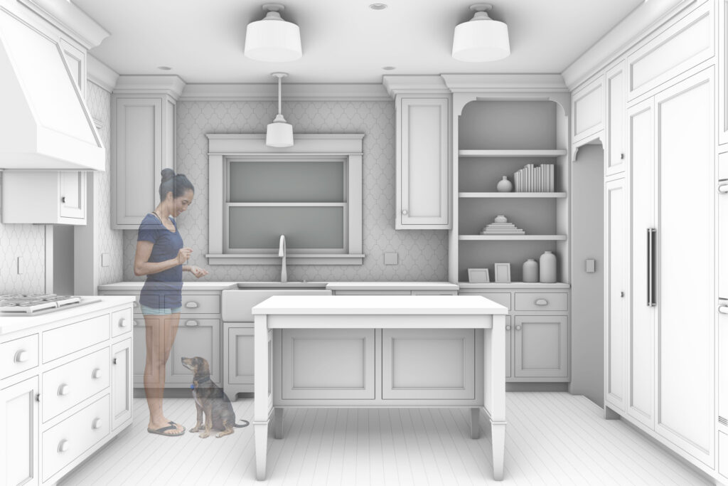 Rendering of a Craftsman kitchen renovation showing a central island with seating, a farmhouse sink beneath a window, built-in cabinetry, and open shelving.