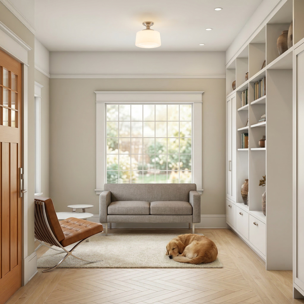 Entry sitting area in a Craftsman home renovation with a gray loveseat beneath a large divided-light window, built-in white shelving on one wall, a leather lounge chair, and a golden retriever curled up on a light rug over herringbone wood flooring.