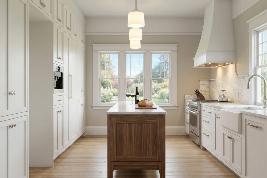 Kitchen in a Craftsman home renovation with white cabinetry, a marble backsplash and range hood, a farmhouse sink, and a central wood island with a stone countertop set in front of large divided-light windows