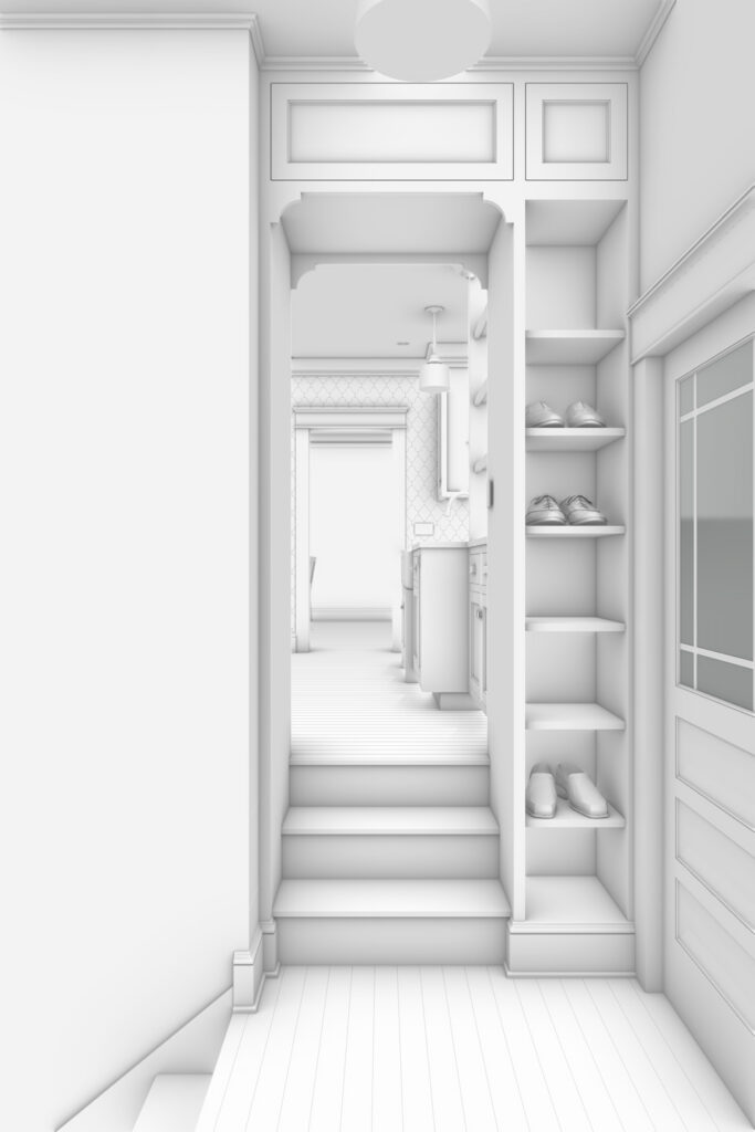 Rendering of a Craftsman kitchen renovation with built-in shelving for shoes, a stair connection into the kitchen, and detailed cabinetry framing the entry.