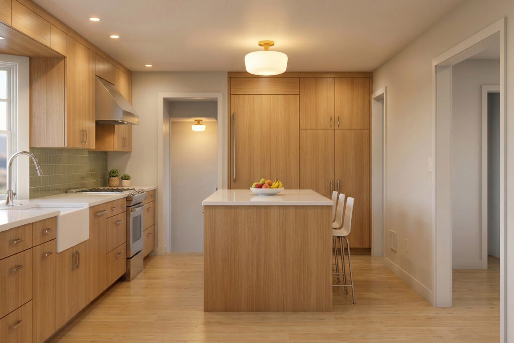 Kitchen view with island in the center, rift white oak cabinetry, farmhouse sink under the bay window, green tile backsplash, and tall pantry cabinets.