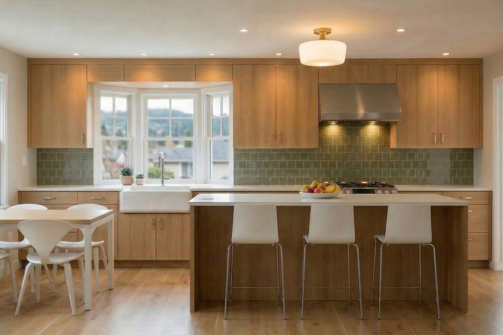Kitchen with rift white oak cabinetry, green tile backsplash, and farmhouse sink centered in a bay window with island seating in front.