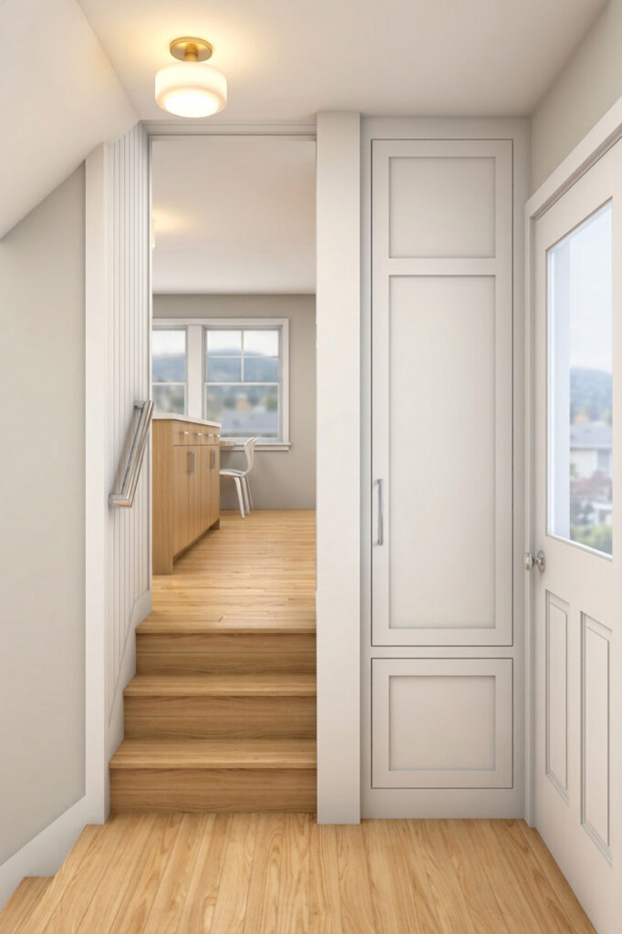 Tall built-in storage cabinet beside a short stair leading up to the kitchen, with wood floors and a glimpse of the island beyond.