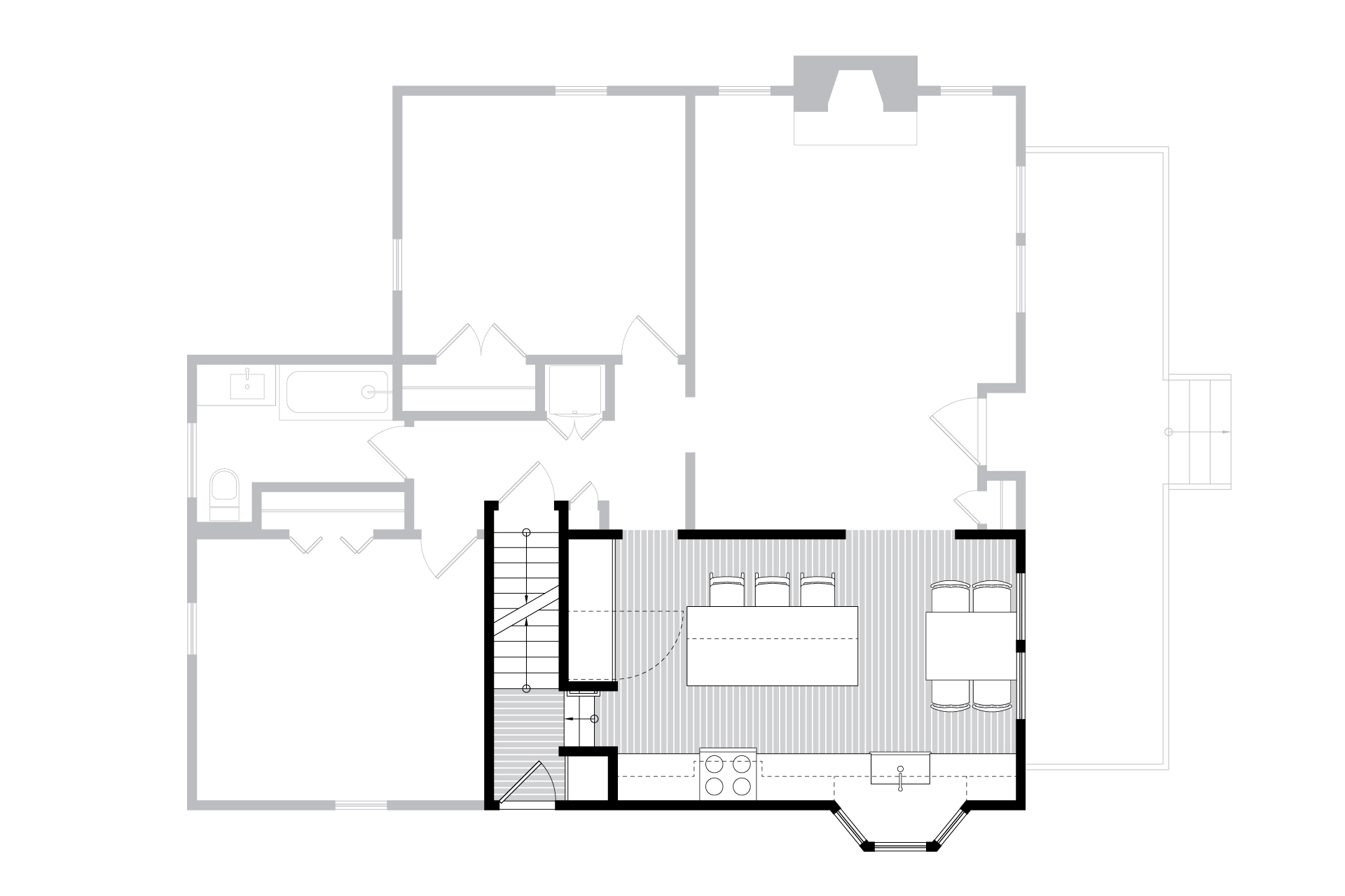 New floor plan showing the kitchen and dining room combined into one space with an island and sink relocated to the bay window.