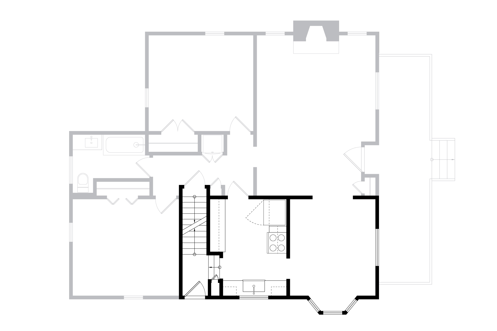 Existing floor plan showing the original kitchen separated from the dining room with a small bay window area.