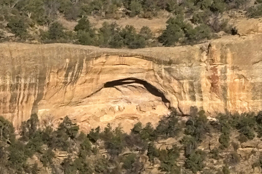 Zoomed view of cliff dwellings tucked into a rock alcove at Mesa Verde National Park, partially hidden within the canyon wall.