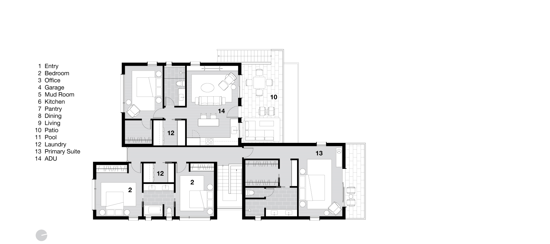 Second floor plan showing primary suite, additional bedrooms, laundry, and an ADU, with access to an upper patio.