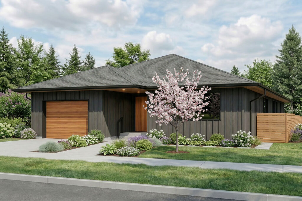 Single-story home with low hip roof, dark board-and-batten siding, and wood garage door, set within a landscaped front yard with flowering tree.