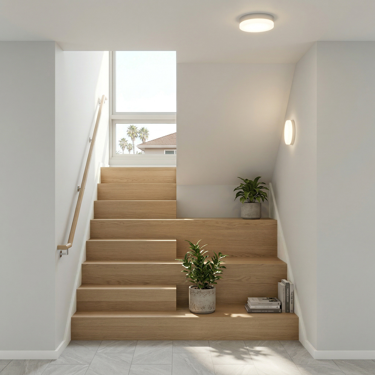 New modern home stair with wide wood treads and integrated landing, illuminated by a large window and minimal wall lighting, with built-in steps used for display.