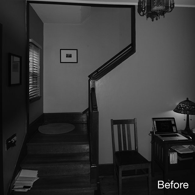 The original stair was enclosed and dark, with limited light and no built-in storage at the entry.