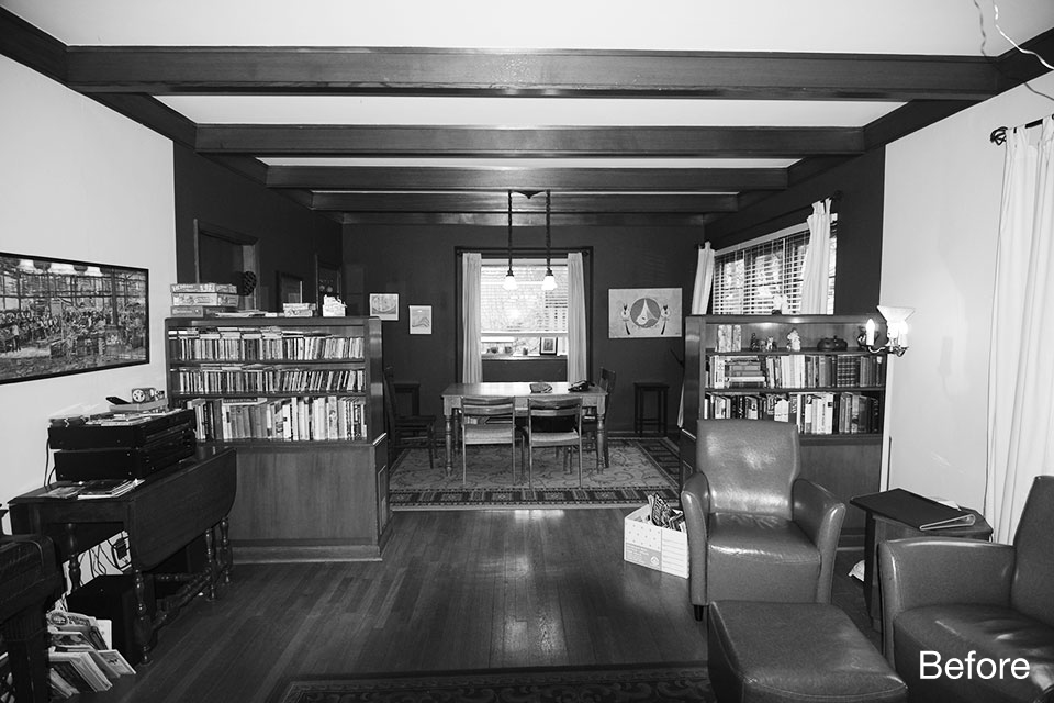 The original living and dining rooms were divided by heavy millwork and felt dark and enclosed, limiting flow and natural light between the spaces.