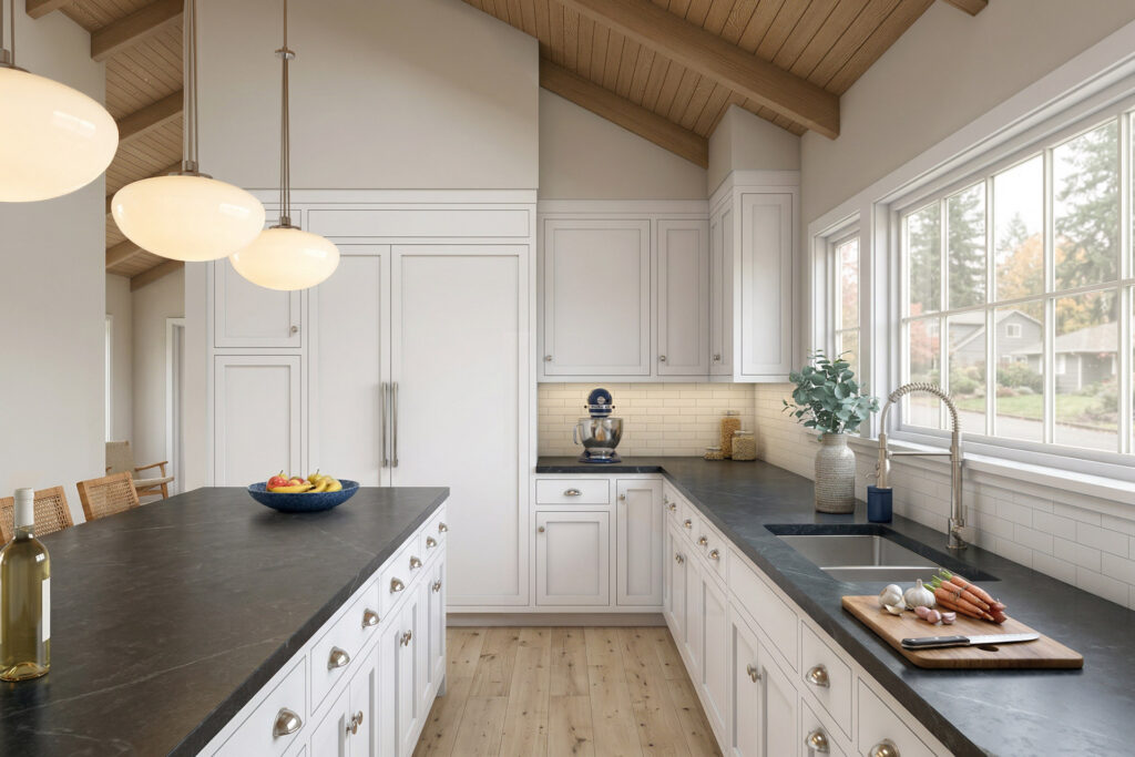 Open kitchen in a new modern farmhouse with a large island, wood bar stools, white cabinetry, pendant lighting, and a wide window overlooking the neighborhood.