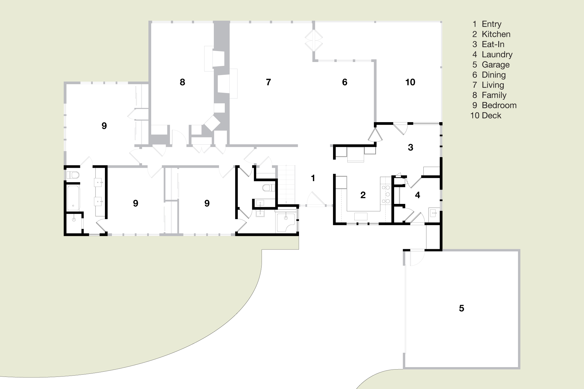 Floor plan before renovation showing existing layout with segmented rooms, multiple bathrooms, and disconnected circulation between the kitchen, living areas, and garage.