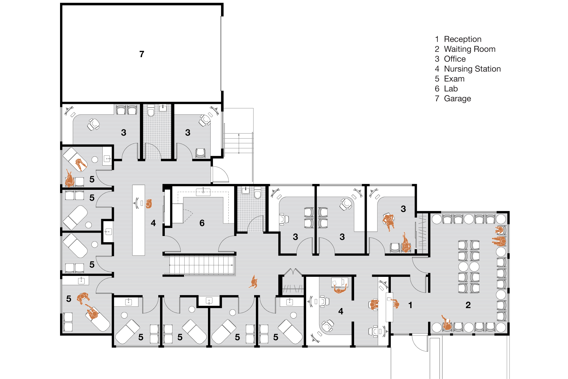 Floor plan after renovation showing reorganized layout with reception area, exam rooms, offices, waiting areas, and improved circulation throughout the clinic.