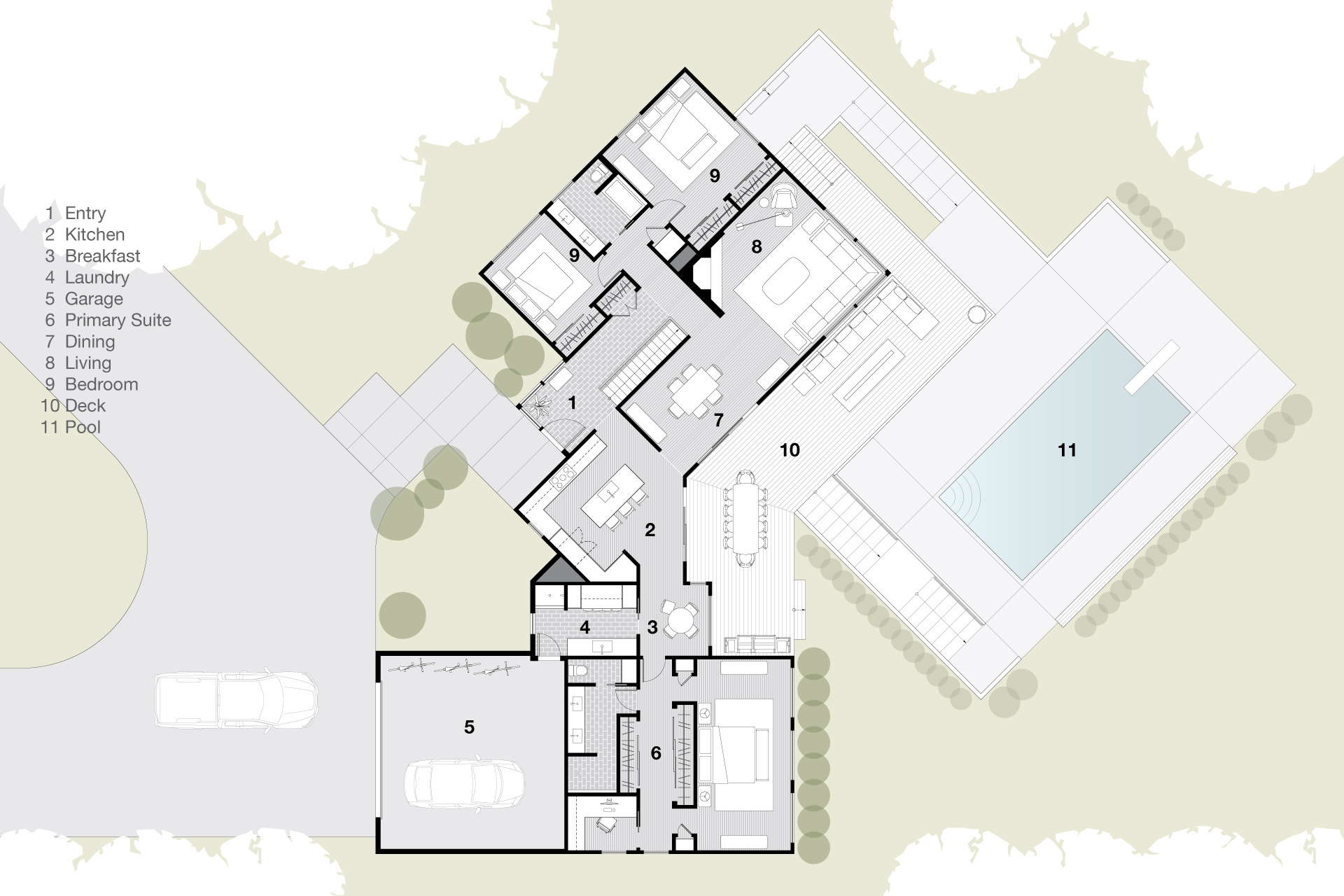 Renovated floor plan with reconfigured layout, improved flow, and updated spaces in this mid century home remodel.