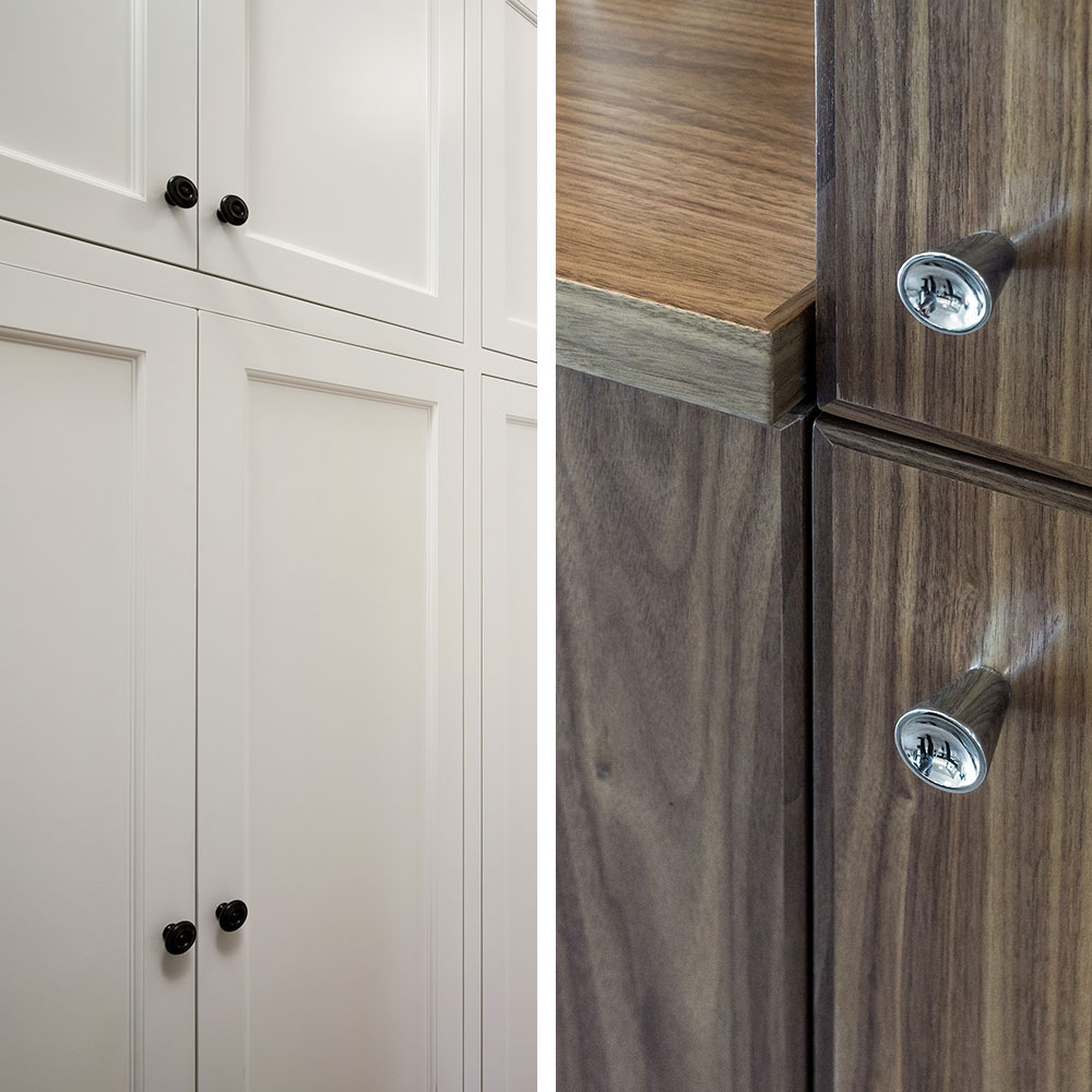 Inset vs overlay cabinets shown side by side, with painted flush inset cabinetry on the left and frameless natural wood overlay cabinetry on the right, highlighting differences in door alignment and surface continuity.