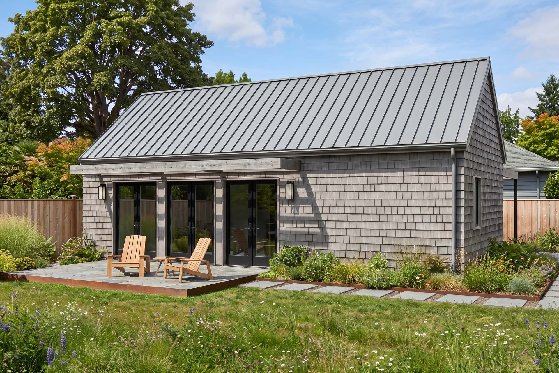 Accessory dwelling unit with gray cedar shingle siding, standing-seam metal roof, black French doors, and wood trellis opening to a garden patio.