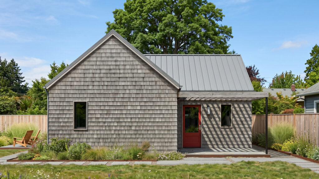 Accessory dwelling unit with gray cedar shingle siding, standing-seam metal roof, red entry door, and wood trellis, surrounded by a landscaped garden.