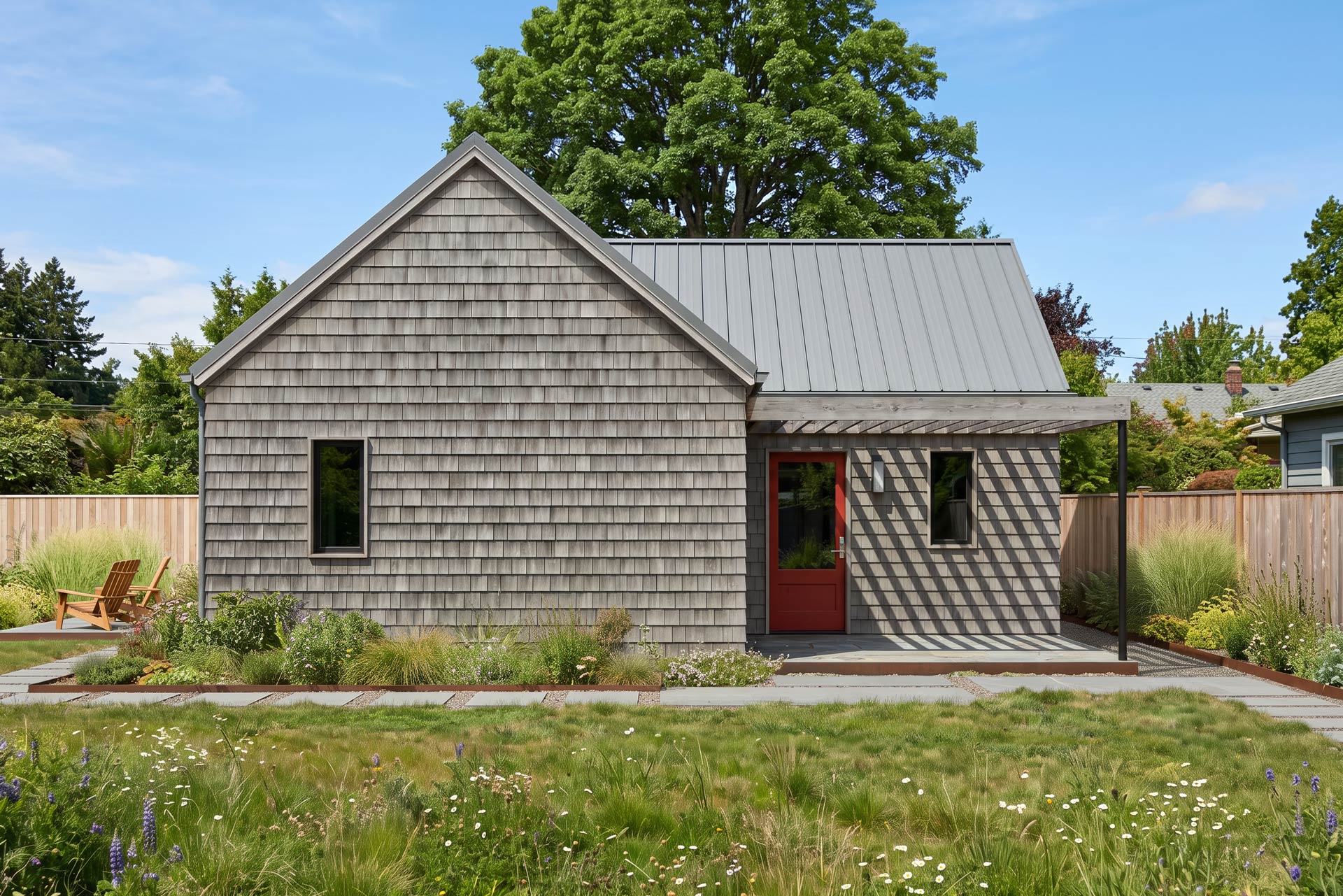 Accessory dwelling unit with gray cedar shingle siding, standing-seam metal roof, red entry door, and wood trellis, surrounded by a landscaped garden.